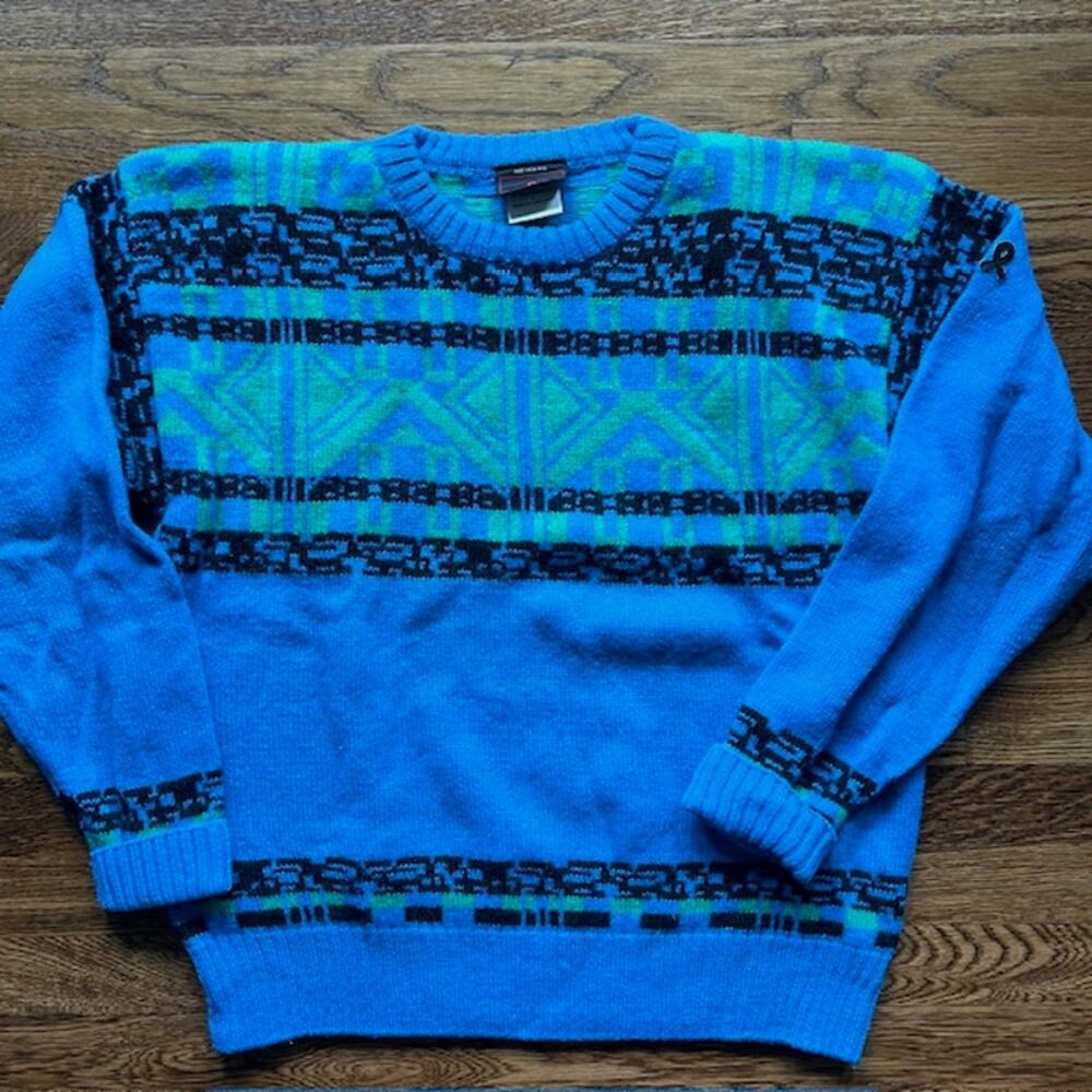 VTG 80s Demetre Pure Wool Crewneck Ski Sweater Mens L Fair Isle Geometric Blue